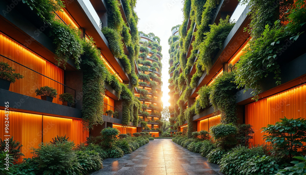 Fototapeta premium Nature-friendly building wrapped in lush ivy, promoting eco-consciousness and sustainable design.