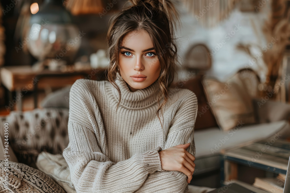 A young woman wearing a knitted sweater sits comfortably indoors, surrounded by elegant decor and soft furnishings. Her thoughtful gaze enhances the cozy atmosphere of the space. A young woman wearing a knitted sweater sits comfortably indoors, surrounded by elegant decor and soft furnishings. Her thoughtful gaze enhances the cozy atmosphere of the space.