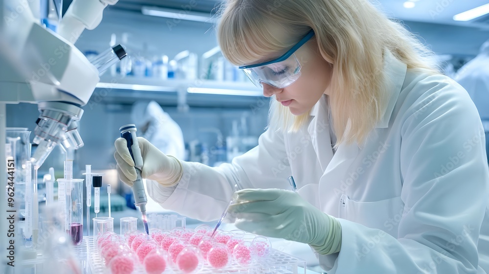 Scientist Working in Lab with Pink Spheres Scientist Working in Lab with Pink Spheres