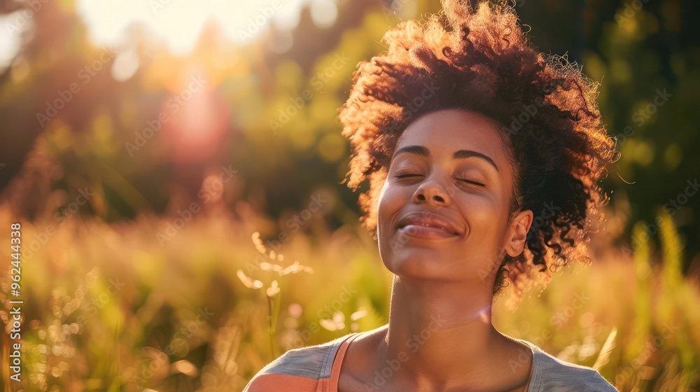 A woman enjoying nature with a serene expression in a sunlit field. A woman enjoying nature with a serene expression in a sunlit field.