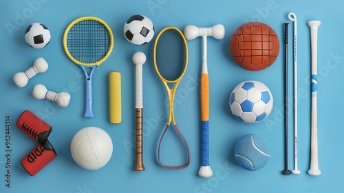 A Collection of Sports Equipment on a Blue Background