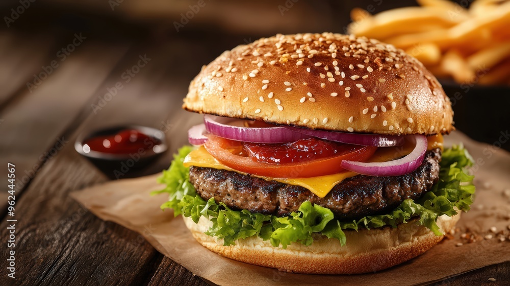 Close-up of a juicy cheeseburger with lettuce, tomatoes, pickles, and cheese, served with crispy fries, on a wooden table background Close-up of a juicy cheeseburger with lettuce, tomatoes, pickles, and cheese, served with crispy fries, on a wooden table background