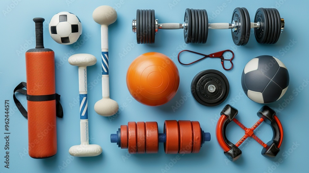 Assorted Exercise Equipment on Blue Background Assorted Exercise Equipment on Blue Background