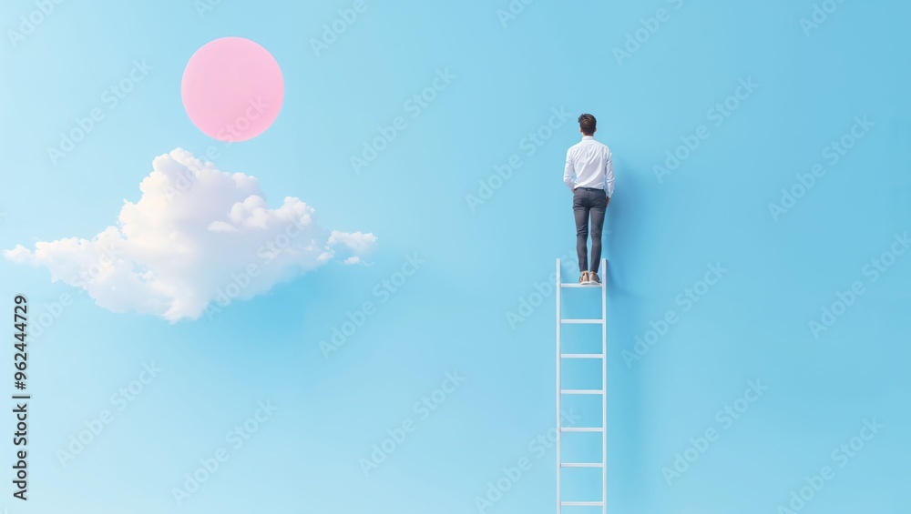 A solitary figure climbs a ladder into the vast blue sky, reaching towards a vibrant pink sun, symbolizing aspiration, hope, and the pursuit of dreams amidst fluffy clouds. A solitary figure climbs a ladder into the vast blue sky, reaching towards a vibrant pink sun, symbolizing aspiration, hope, and the pursuit of dreams amidst fluffy clouds.