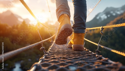 Stepping Into Adventure: A Journey Across a Scenic Suspension Bridge with the Sun Setting Behind the Mountains, Illuminating the Path Ahead in a Warm Glow of Nature's Beauty. photo