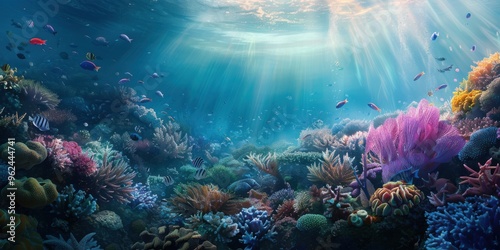 A serene underwater scene featuring a vibrant coral reef with diverse marine life