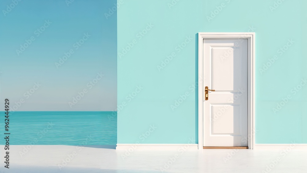 A Tranquil Escape: A White Door Against a Turquoise Wall Overlooking a Calm Sea, Inviting Reflection and Imagination in a Postcard-Perfect Scene of Dreamy Serenity A Tranquil Escape: A White Door Against a Turquoise Wall Overlooking a Calm Sea, Inviting Reflection and Imagination in a Postcard-Perfect Scene of Dreamy Serenity