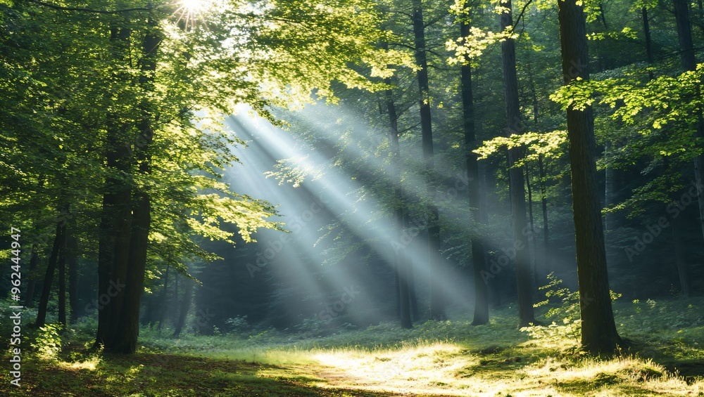 Fototapeta premium Captivating Forest Light: A Mesmerizing Display of Sunbeams Dancing Through Lush Green Foliage, Creating a Magical Atmosphere in the Heart of Nature's Embrace and Tranquility.