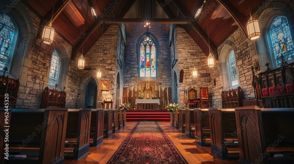 Obraz premium A serene interior of a church featuring stained glass windows and wooden pews, designed for worship.