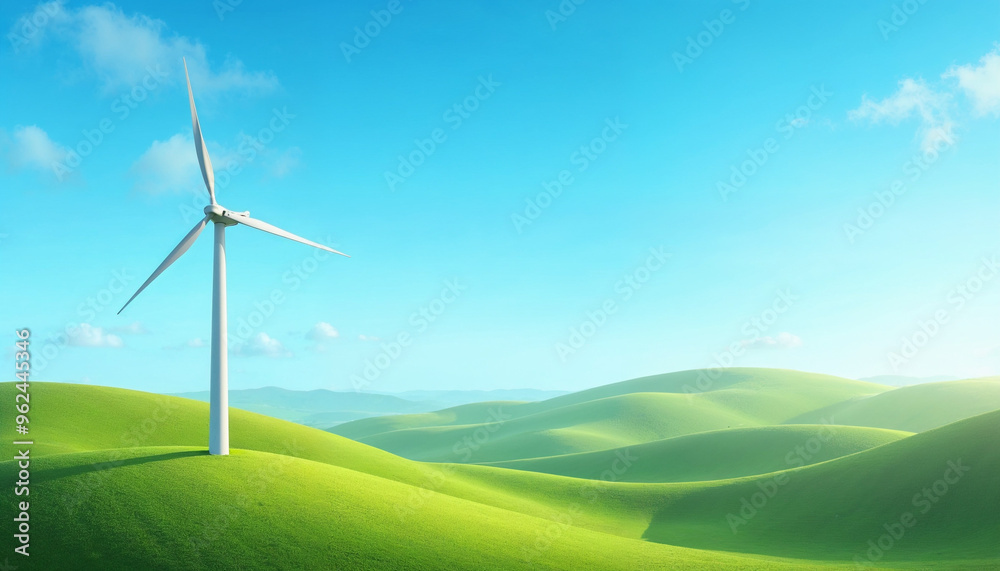Obraz premium A modern wind turbine towers over green hills under a clear blue sky, highlighting the blend of technology and nature with abundant sunlight and a fresh, vibrant landscape.