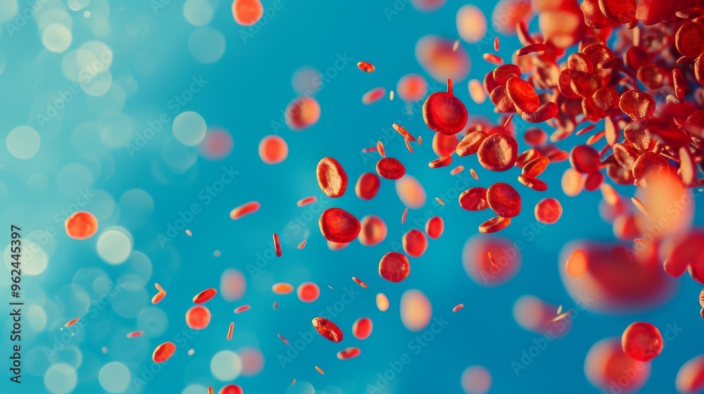 Red blood cells appear to scatter dynamically in a fluid medium, set against a blue background with bokeh effects. The image captures the motion and dispersion of cells, providing a visually engaging Red blood cells appear to scatter dynamically in a fluid medium, set against a blue background with bokeh effects. The image captures the motion and dispersion of cells, providing a visually engaging