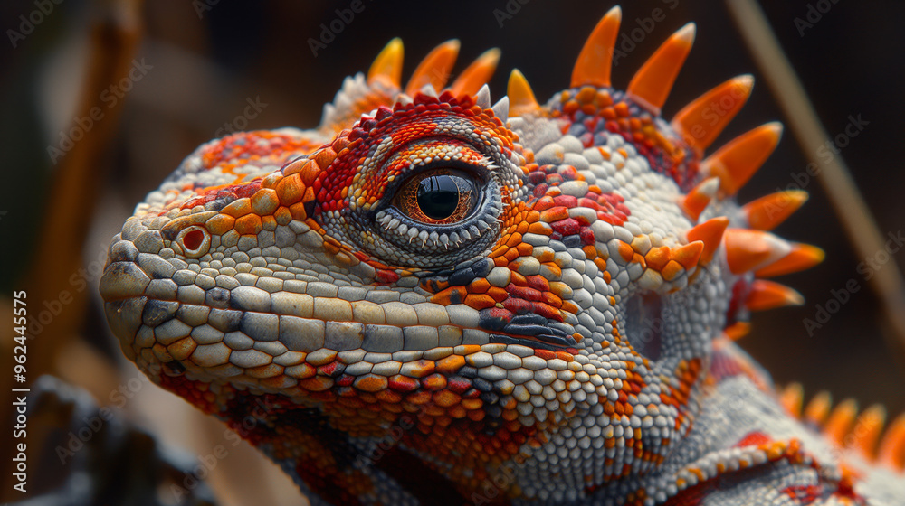 Obraz premium Close-Up of a Vibrant Lizard: A striking macro shot of a colorful lizard with sharp, orange spines. The lizard's eye, captured in incredible detail, gazes directly at the camera, inviting the viewer i