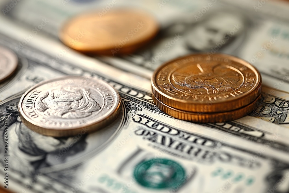 Close-up of coins on US dollar bills. Close-up of coins on US dollar bills.
