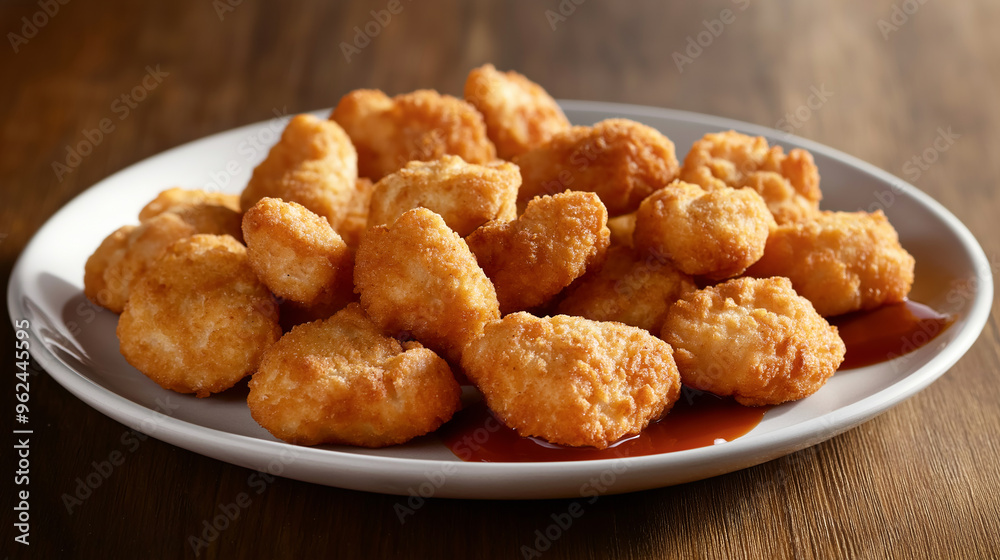 A plate of fried chicken nuggets sits on a table. The nuggets are piled high and covered in a light brown coating. A small bowl of ketchup is placed next to the plate A plate of fried chicken nuggets sits on a table. The nuggets are piled high and covered in a light brown coating. A small bowl of ketchup is placed next to the plate
