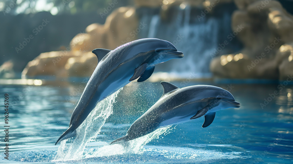 Obraz premium Dolphins Leap in Tranquil Waterfall Setting: Two playful dolphins leap gracefully out of the water in a captivating scene, with a majestic waterfall as a serene backdrop. Their synchronized movements