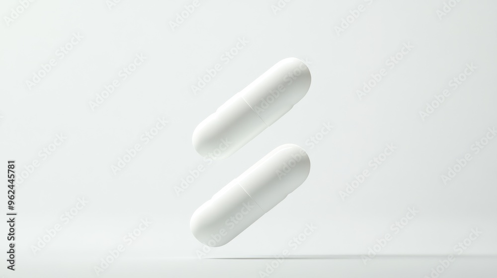 Two White Pills Floating Against a White Background Two White Pills Floating Against a White Background