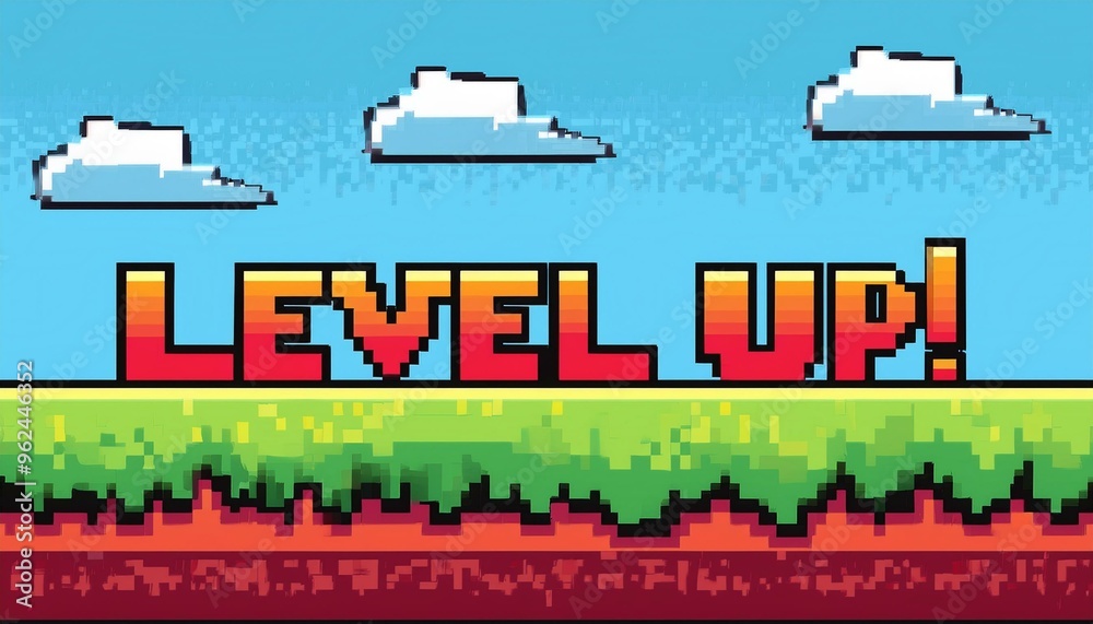 Retro style pixel art game background with level up button Retro style pixel art game background with level up button