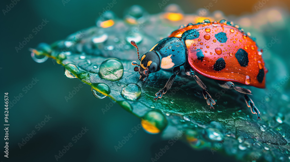 Obraz premium Ladybug on Dew-Covered Leaf: A vibrant ladybug perched on a dew-covered leaf, basking in the morning light. A captivating macro shot that captures the intricate details of nature's beauty. 