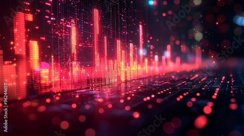 Abstract red and blue digital city landscape with glowing bokeh lights.