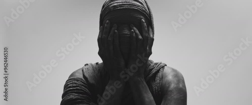 A mummy of a woman against the bright background in keeps her hands on her face the powerful pose full of despair