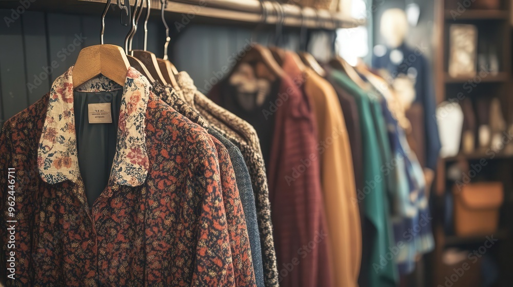 Collection of vintage ethical fashion items displayed in a boutique, with a focus on sustainable and timeless designs