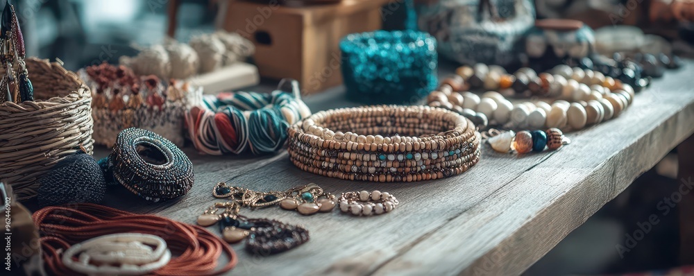 Ethical fashion accessories on a wooden table, with soft natural lighting and a focus on craftsmanship Ethical fashion accessories on a wooden table, with soft natural lighting and a focus on craftsmanship