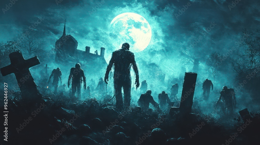 Halloween Concpept , Undead Army Emerging From Graveyard Under Full Moon Halloween Concpept , Undead Army Emerging From Graveyard Under Full Moon