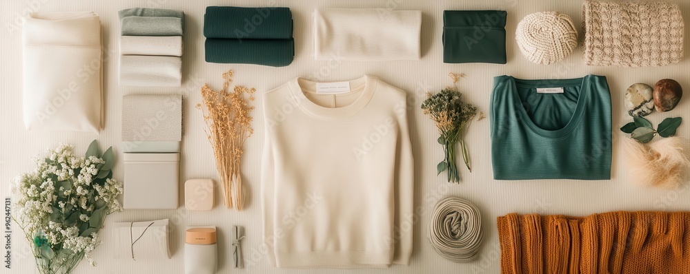 Flat lay of minimalist ethical fashion items, including a capsule wardrobe of eco-friendly garments