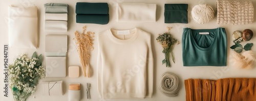 Obraz na płótnie Flat lay of minimalist ethical fashion items, including a capsule wardrobe of eco-friendly garments w salonie