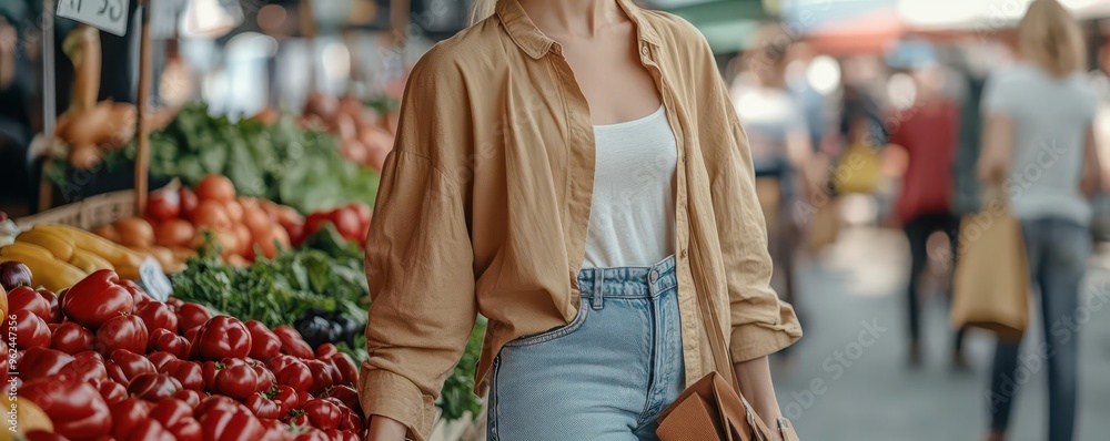 Obraz premium Model embracing an ethical fashion lifestyle, wearing sustainable clothing while shopping at a local farmer s market