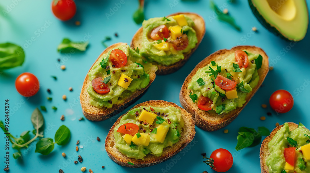Three small breads with vegetables on top. The breads are arranged in a row and the vegetables are scattered around them Three small breads with vegetables on top. The breads are arranged in a row and the vegetables are scattered around them