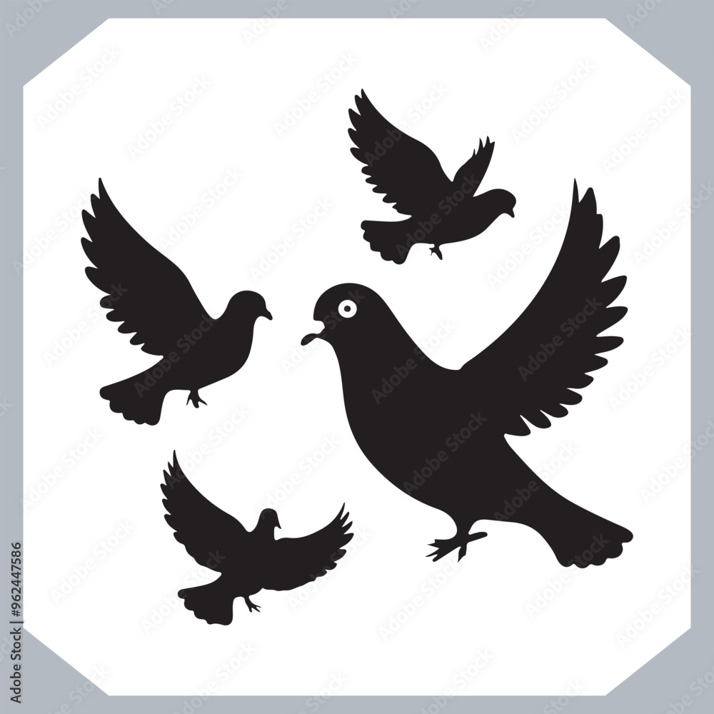 Fototapeta premium Dove silhouette bird logo design, simple hand drawn and linocut style, bird silhouette illustration