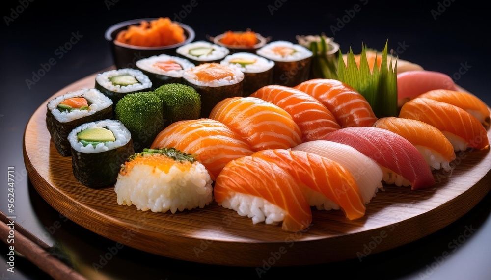 A Beautifully Lit Plate Of Assorted Sushi, With Fresh Fish, Rice, And Seaweed Artfully Arranged On A Wooden Board. A Beautifully Lit Plate Of Assorted Sushi, With Fresh Fish, Rice, And Seaweed Artfully Arranged On A Wooden Board.