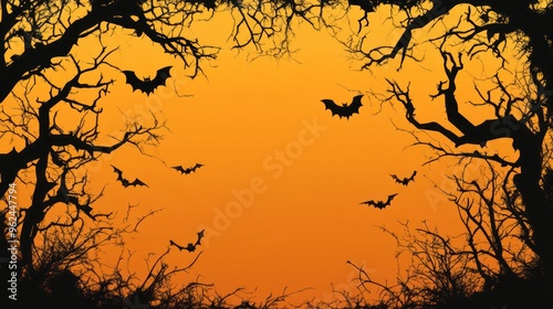 Halloween Concpept ,Silhouette of Bare Trees and Bats Against an Orange Sunset