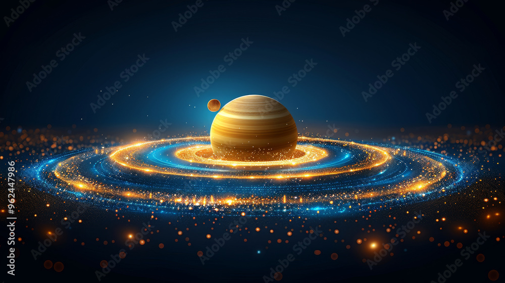 This visual depicts a large gaseous planet at the center, encircled by radiant rings that shimmer with light. A small moon floats nearby amidst a cosmic backdrop of stars. This visual depicts a large gaseous planet at the center, encircled by radiant rings that shimmer with light. A small moon floats nearby amidst a cosmic backdrop of stars.