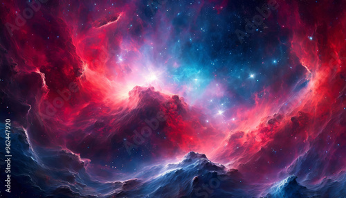 Hyperrealistic dense gas, dust, space nebula with shiny stars, supernova clouds cosmos universe in colorful fantasy cosmic red, blue, dark blue colors background or wallpaper.