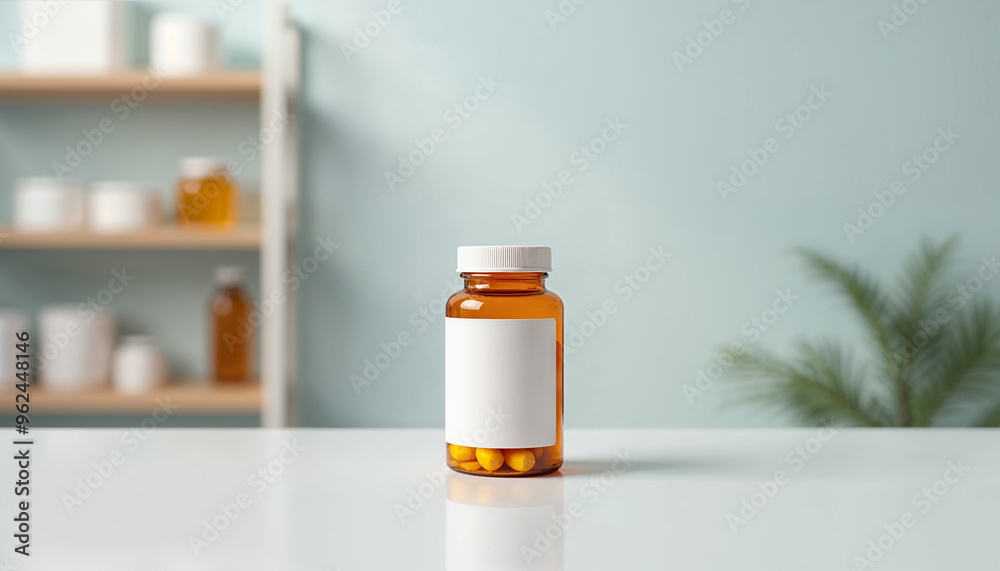 Pill bottle on a pharmacy counter with a clear label and clean background, ideal for pharmaceutical advertising.
Pill bottle on a pharmacy counter with a clear label and clean background, ideal for pharmaceutical advertising.