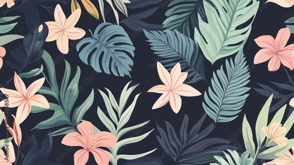 Tropical leaves and flowers seamless pattern with flat vector illustration of jungle foliage Tropical leaves and flowers seamless pattern with flat vector illustration of jungle foliage