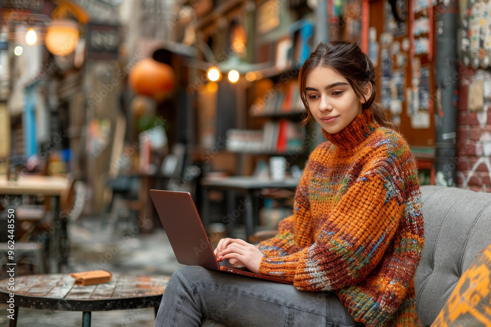 A young woman sits at a rustic table in a charming alleyway café, typing intently on her laptop while dressed in a warm, colorful sweater. Surrounding her are decorative lights and cozy seating. A young woman sits at a rustic table in a charming alleyway café, typing intently on her laptop while dressed in a warm, colorful sweater. Surrounding her are decorative lights and cozy seating.