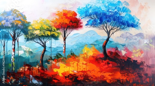 A vibrant landscape featuring colorful trees against a backdrop of mountains and abstract foliage.