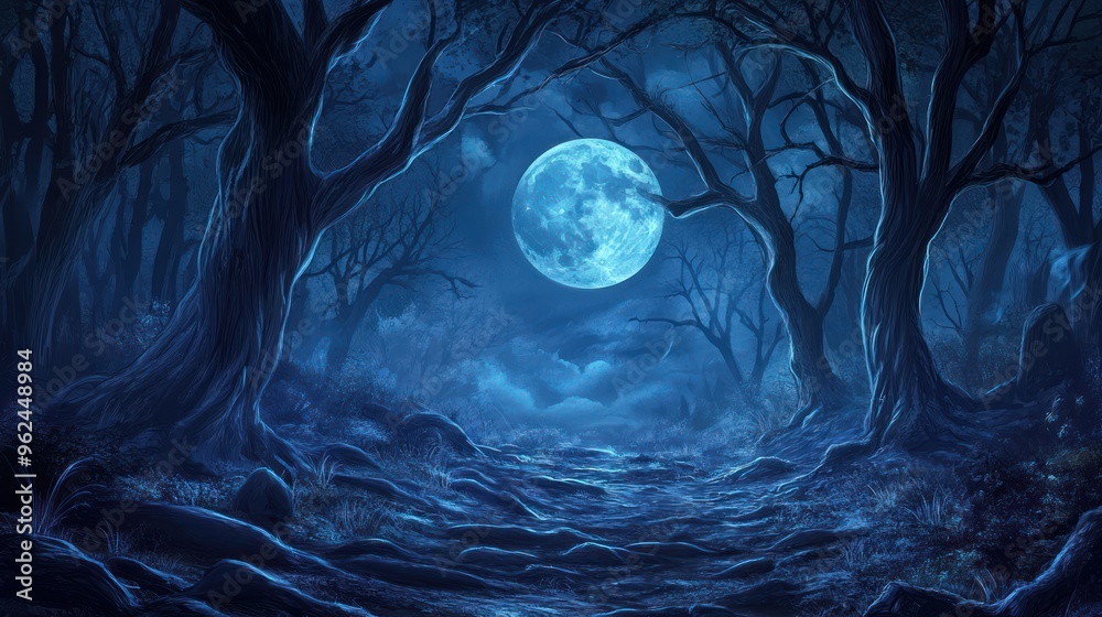 Fototapeta premium Halloween Concpept ,Moonlight Illuminating a Path Through a Dark Forest
