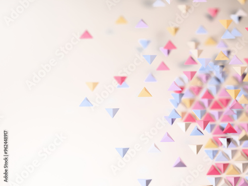 Colorful triangles against white background. Digital 3D rendering.