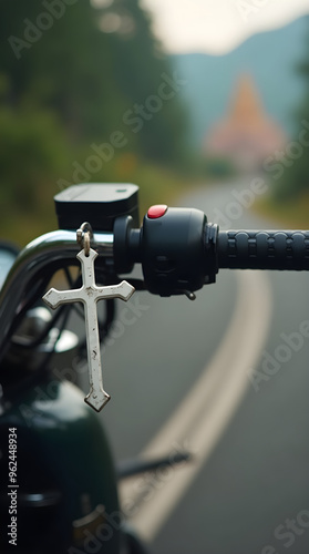 Cross Pendant on Motorcycle Handlebar Overlooking Road