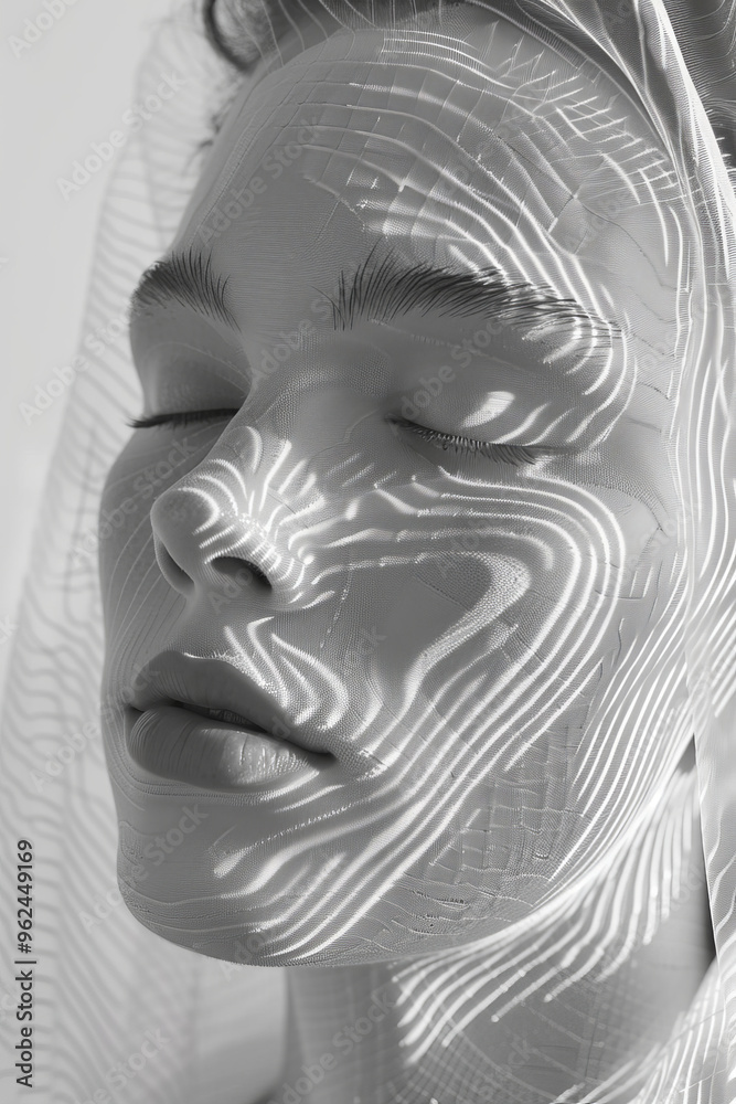 The model poses with her eyes closed, showcasing intricate patterns of light and shadow across her serene face, enhanced by a sheer veil that adds depth and texture to the composition. The model poses with her eyes closed, showcasing intricate patterns of light and shadow across her serene face, enhanced by a sheer veil that adds depth and texture to the composition.