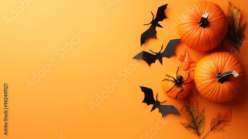 Halloween Concpept ,Pumpkins, Bats, and Leaves on Orange Background photo