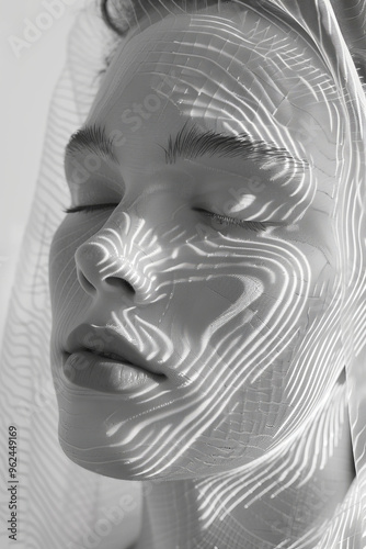 The model poses with her eyes closed, showcasing intricate patterns of light and shadow across her serene face, enhanced by a sheer veil that adds depth and texture to the composition.