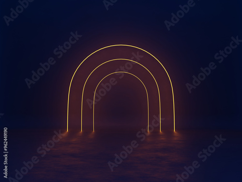 Yellow neon arches in the dark. Product showcase background template. Digital 3D rendering.