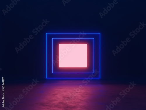 Neon frame background in the dark. Product showcase template. Digital 3D rendering.
