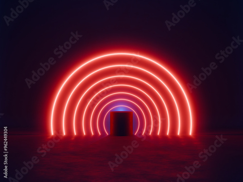 Red neon circles in the dark. Product showcase background template. Digital 3D rendering.