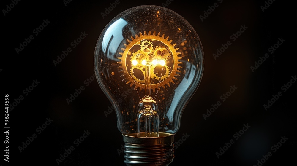 A glowing light bulb with a gear system inside, representing innovative ideas and concepts. A glowing light bulb with a gear system inside, representing innovative ideas and concepts.
